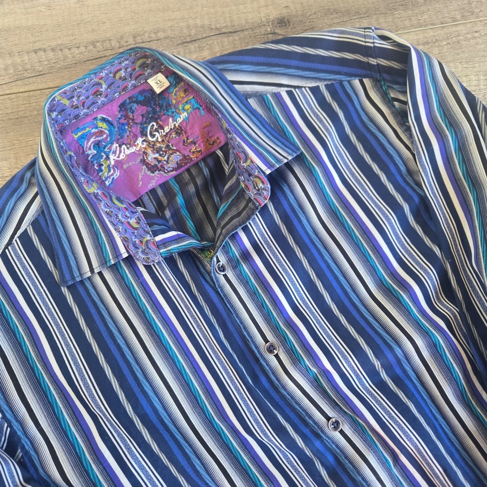 Robert Graham Mens XL Classic Fit Blue Striped Long Sleeve Button Down Shirt